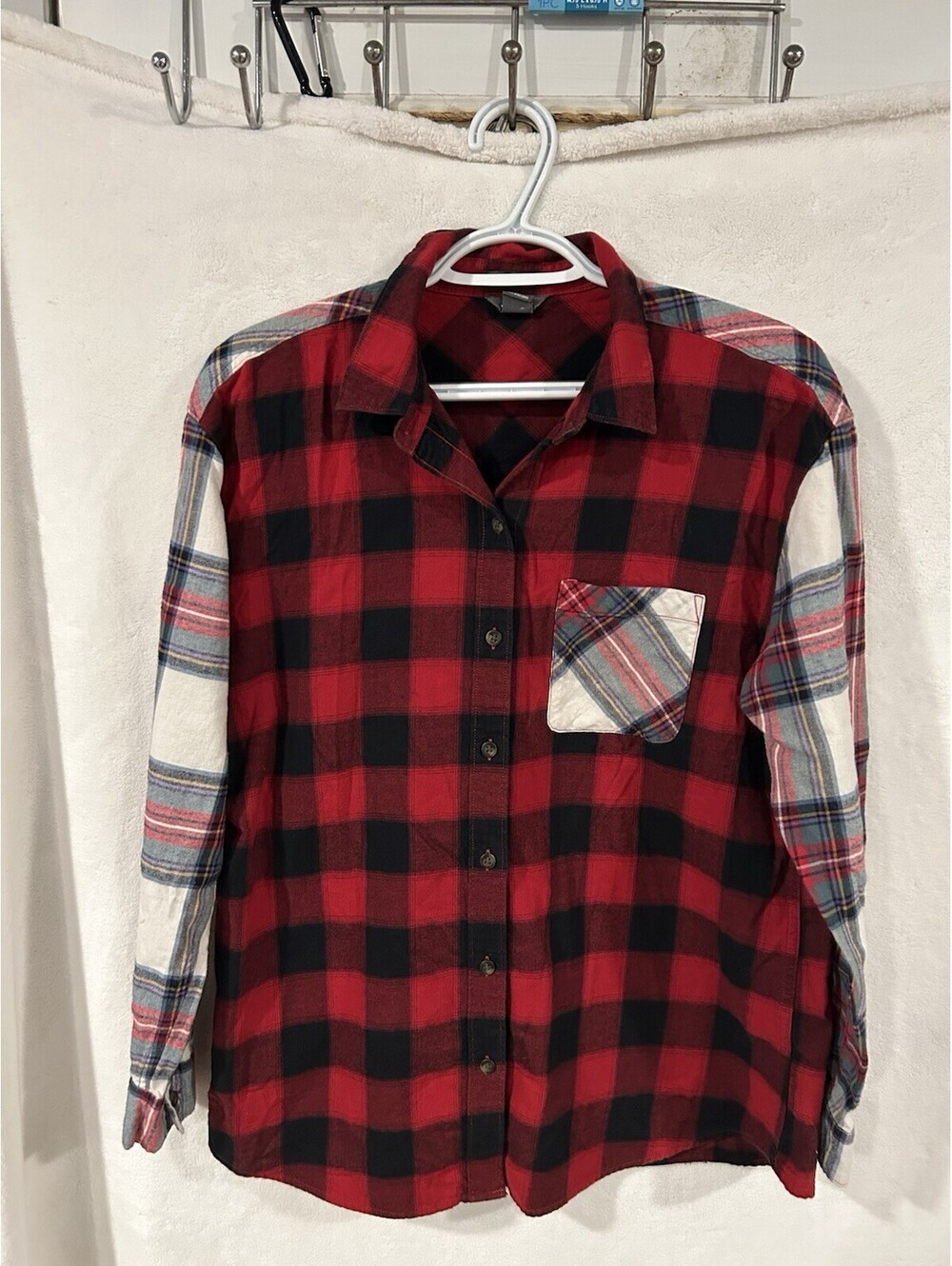 Eddie Bauer Boyfriend Fit Women M Contrast Plaid Button Up Outdoor Flannel Shirt
